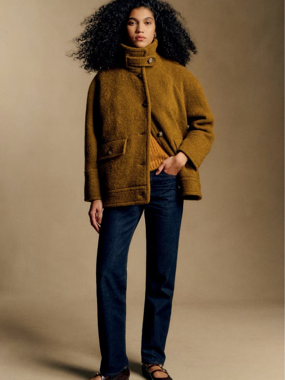 Sezane Leo coat yellow wool blend vert bronze